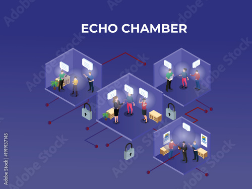 Foto Isometric Echo Chamber Concept with People in Isolated Communication Bubbles and