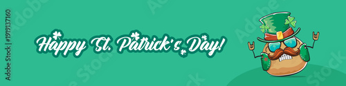 Funny St. Patricks Day wide banner with rock star potato character in leprechaun hat, Irish holiday greeting with groovy typography on green. Humorous Happy St. Patricks Day banner with potato mascot