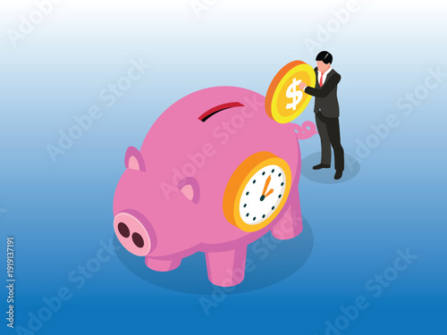 Businessman Putting Gold Dollar Coin into Pink Piggy Bank with Clock for Time Value of Money 3d isometric vector illustration