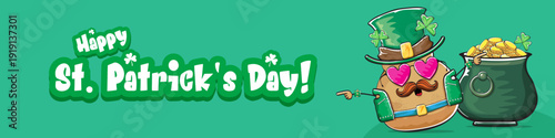 Funny St. Patricks Day wide banner with rock star potato character in leprechaun hat, Irish holiday greeting with groovy typography on green. Humorous Happy St. Patricks Day banner with potato mascot