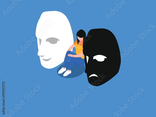 Depressed Woman Sitting Between Happy and Sad Masks Representing Bipolar or Mood Swings 3d isometric vector illustration