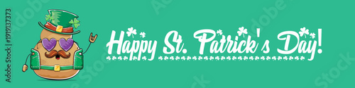 Funny St. Patricks Day wide banner with rock star potato character in leprechaun hat, Irish holiday greeting with groovy typography on green. Humorous Happy St. Patricks Day banner with potato mascot