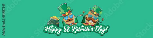 Funny St. Patricks Day wide banner with rock star potato character in leprechaun hat, Irish holiday greeting with groovy typography on green. Humorous Happy St. Patricks Day banner with potato mascot