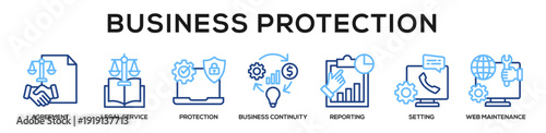 Linecolor - Business Protection web banner icon vector illustration concept for business with icon of Agreement, Legal service, Protection, Business Continuity, Reporting, Setting, Web.