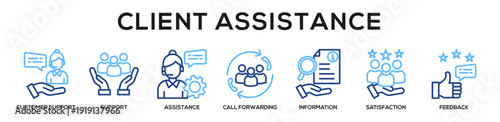 Linecolor - Client Assistance web banner icon vector illustration concept for business with icon of Customer Support, support, Assistance, Call Forwarding, Information, Satisfaction,.
