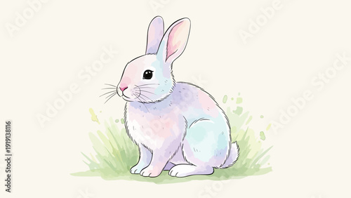 White fluffy rabbit sitting calmly on grass