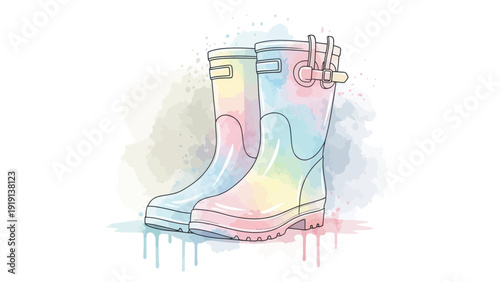 Pair of colorful pastel rain boots with watercolor effect