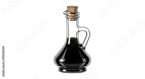 Traditional glass bottle of dark balsamic vinegar with a handle.