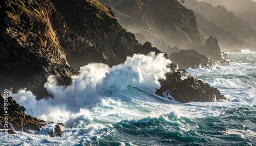 Rough Ocean Waves Crashing Against Rocky Coast.