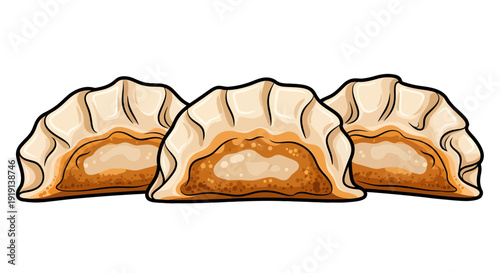 Three delicious golden brown Gyoza dumplings  pan fried.