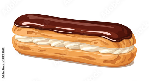 Classic chocolate eclair with creamy filling and shiny glaze dessert.