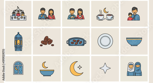 A collection of colorful flat design icons depicting various aspects of Ramadan, including family meals, traditional food, lanterns, crescent moons, and people.
