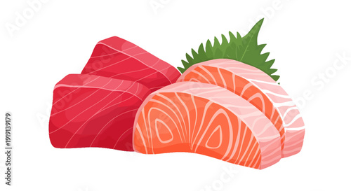 Fresh vibrant Sashimi slices of tuna and salmon with shiso.