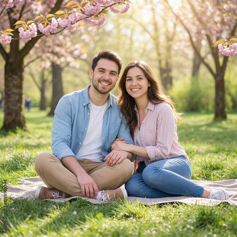 Naklejka premium happy young couple sitting on a blanket in a park with a cherry blossom trees