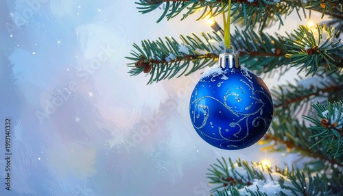 Blue Christmas Ornament on a Fir Tree Branch with Snowflakes and Warm Bokeh Lights Festive Holiday Scene.