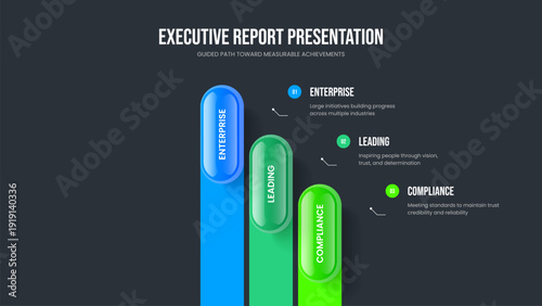 Creative Report 3 Step Diagram Slide Template. Professional Portfolio Three Element Infographic Slideshow Design. Advertising Showcase Presentation Layout Vector Illustration.