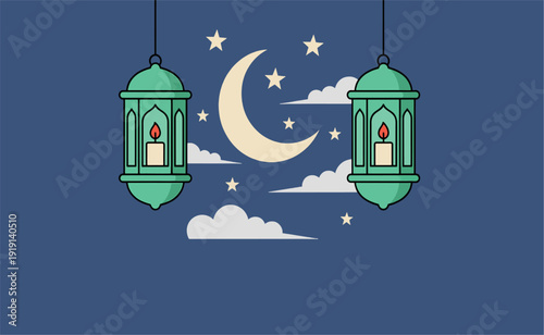 Islamic Lanterns Hanging with Crescent Moon.