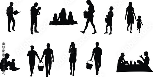 Silhouette set of family people in different activities, parents and children walking, sitting, reading, shopping and picnic scenes, black vector illustration collection.
