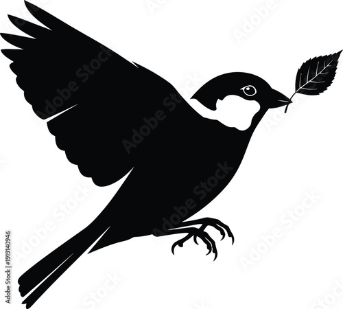 Soaring Silhouette: A solitary bird takes flight, a leaf in its beak, against a backdrop of boundless opportunity. A symbol of freedom and optimism.