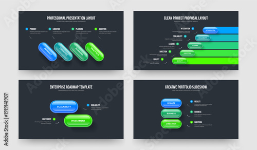 Creative Innovation 4 5 2 3 Element Diagram Slide Template Set. Marketing Campaign Four Five Two Three Option Infographic Frame Layout Vector Illustration Collection.
