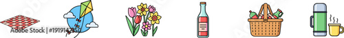 Collection of bright and colorful spring picnic icons featuring a striped blanket, kite, flower bouquet, bottled drink, picnic basket, and a thermos with a hot mug.