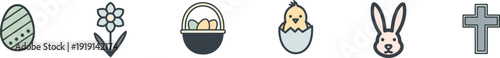 Set of Easter holiday icons including decorated egg bunny and chick