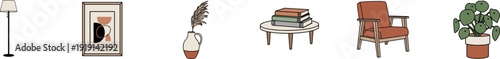 Set of warm-toned minimalist home interior and furniture icons featuring a floor lamp, framed art, and an armchair.
