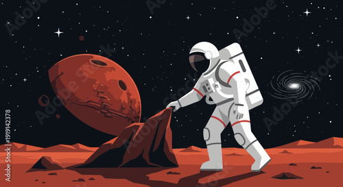 An astronaut exploring the surface of Mars with a bright galaxy in background illustrating space