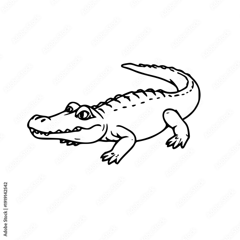 Naklejka premium Alligator Vector Illustration – Hand-Drawn Line Art of a Smiling Crocodile