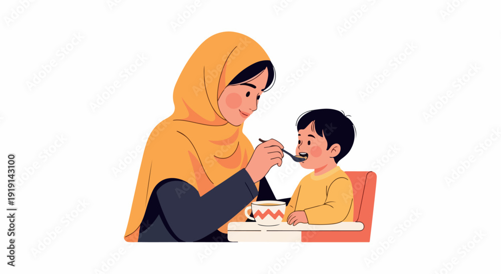 Fototapeta premium Illustration of a woman in a yellow hijab feeding a young boy with a spoon against a clean white background.