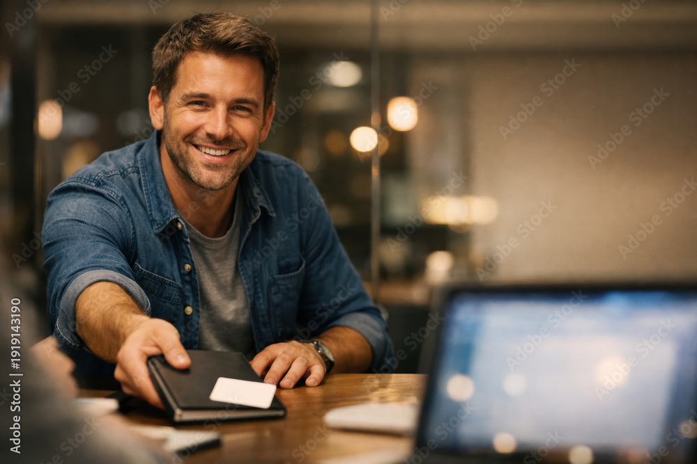 Fototapeta premium Man handing passport and card while sitting at table in modern office