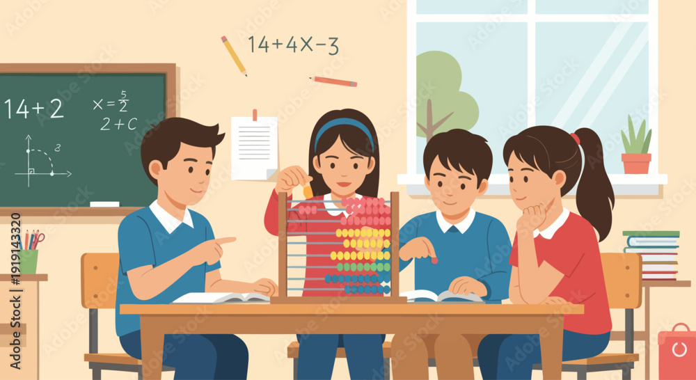Foto Children learning math with abacus in classroom