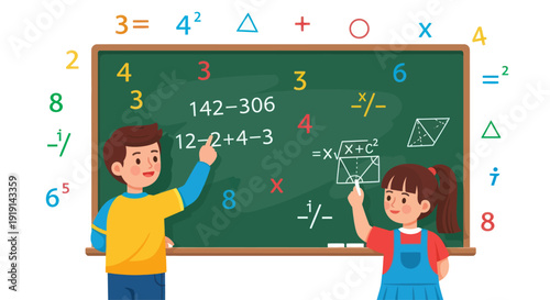 Children Learning Math Symbols and Equations on a Green Chalkboard