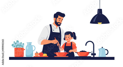 Father and Daughter Cooking Together in Kitchen, Family Bonding, Healthy Lifestyle