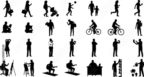 Collection of human silhouettes in various daily life situations and actions isolated on white background

