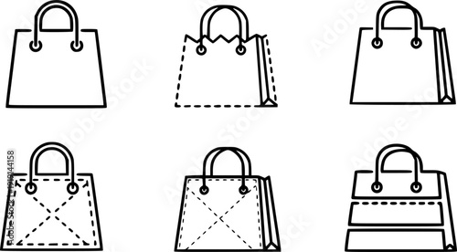 Shopping bag icon. Pictogram of a bag or package with handles and a zigzag top edge: outline lines and dashed line. Four style variations.