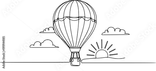 A hot air balloon with a basket in flight symbolizing the idea of travel and freedom. Drawing in one line art style with editable black stroke.