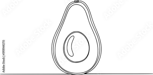 A half of a ripe avocado with a pit on a horizontal line. Drawing in one line art style with editable black stroke.