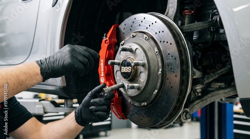 Mechanic's hands in black gloves inspecting and working on a car's red brake rotor and disc assembly in a garage.
