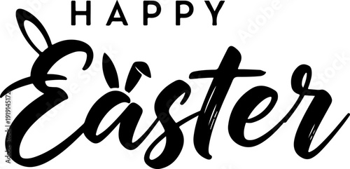 Happy Easter text in black brush stroke lettering with subtle bunny ears integrated into the 'a' character, isolated on a transparent background.