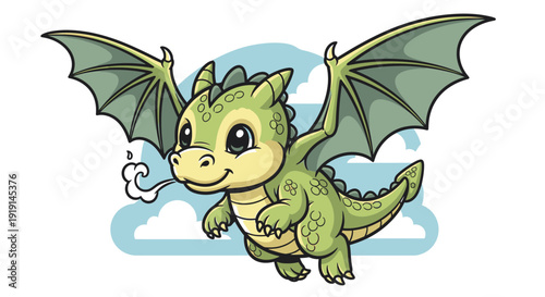 Cute baby dragon flying in the sky with wings spread