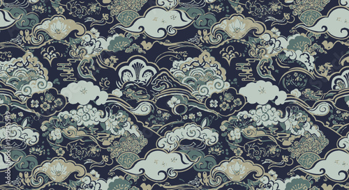 Seamless Asian Cloud and Floral Pattern in Traditional Oriental Style
