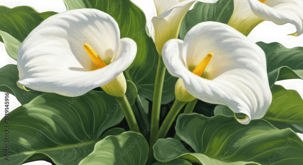 Obraz premium 3d white calla lilies with green leaves isolated on transparent background