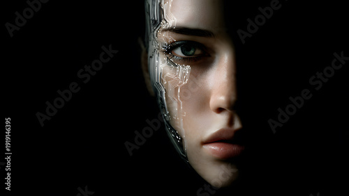 Minimalist half human half machine portrait, solid black background