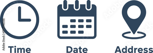 Time date address icon set illustration, clock calendar location pin vector, event scheduling symbols for user interface, appointment details design artwork