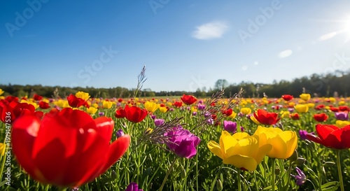 Vibrant tulips and flowers in a lush green field under a bright blue sky with a radiant sun