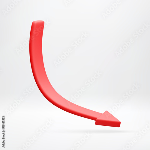 Red 3D arrow pointing downward for crisis, business decline, sales decrease, or financial loss concept design. Vector illustration