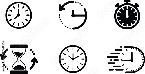 Time concept vector icons, analog clock stopwatch hourglass illustration, fast motion history reversal graphics, scheduling and management design elements