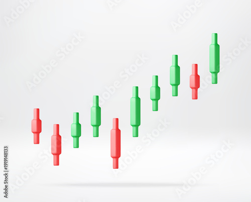 3D Green and red finance candlestick chart with upward trend for stock market analytics. Creative 3d render illustration for business investment. Vector illustration
