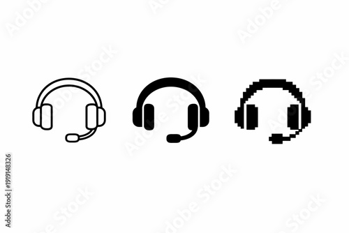 Headset icon collection: outline, solid, pixel art variations
